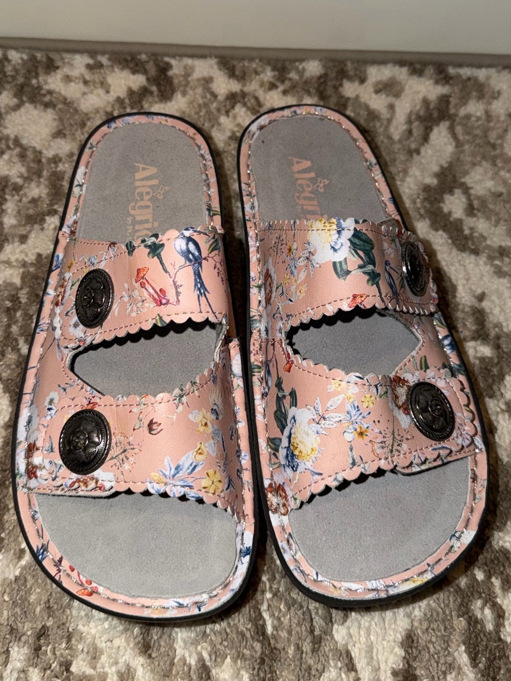 Alegria Pink Floral 2 Strap Scalloped Detail Sandals in Size 37/US 7